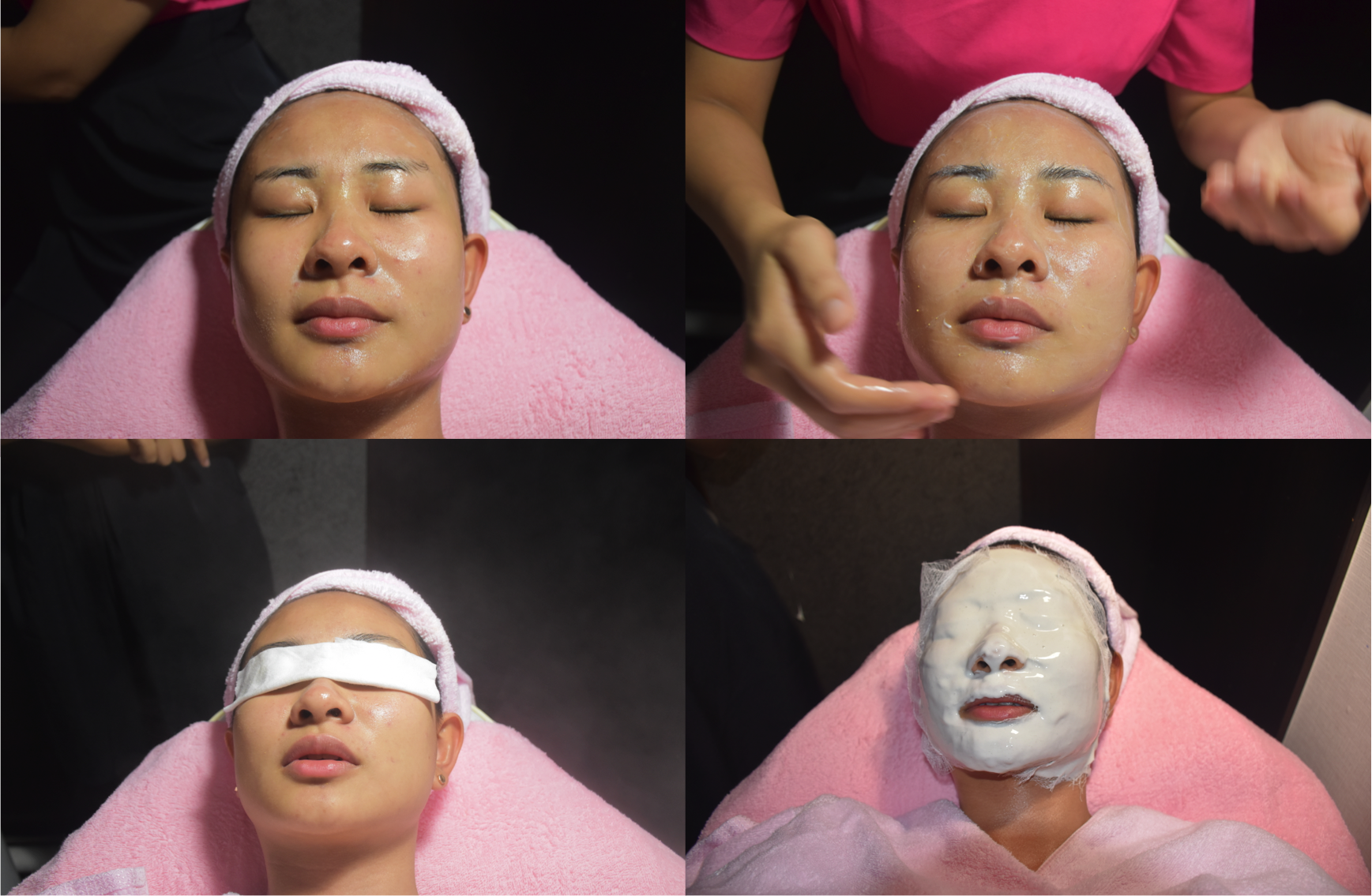 From left to right, top to bottom: after removing my makeup and cleaning my skin, applying a yoghurt scrub, having my eyes covered during the steaming process, and having a hydrating mask on