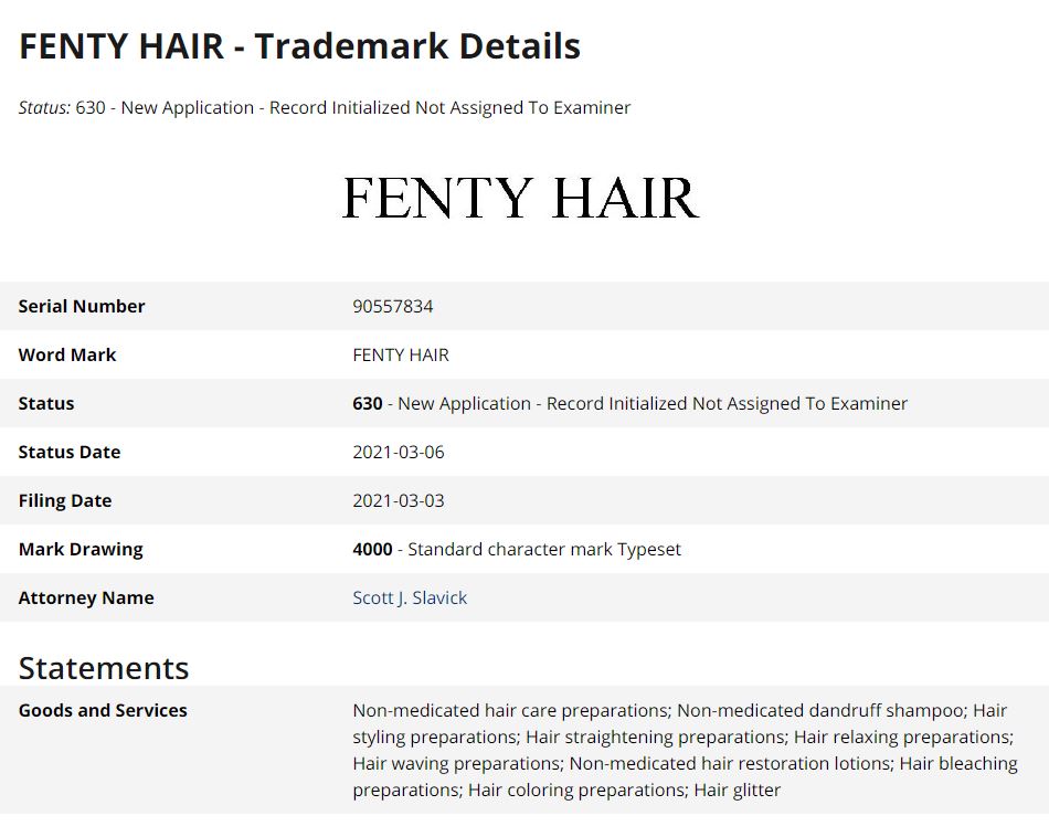 Fenty Hair Trademark Document