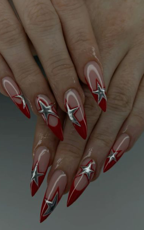 singapore national day manicure red and chrome stars